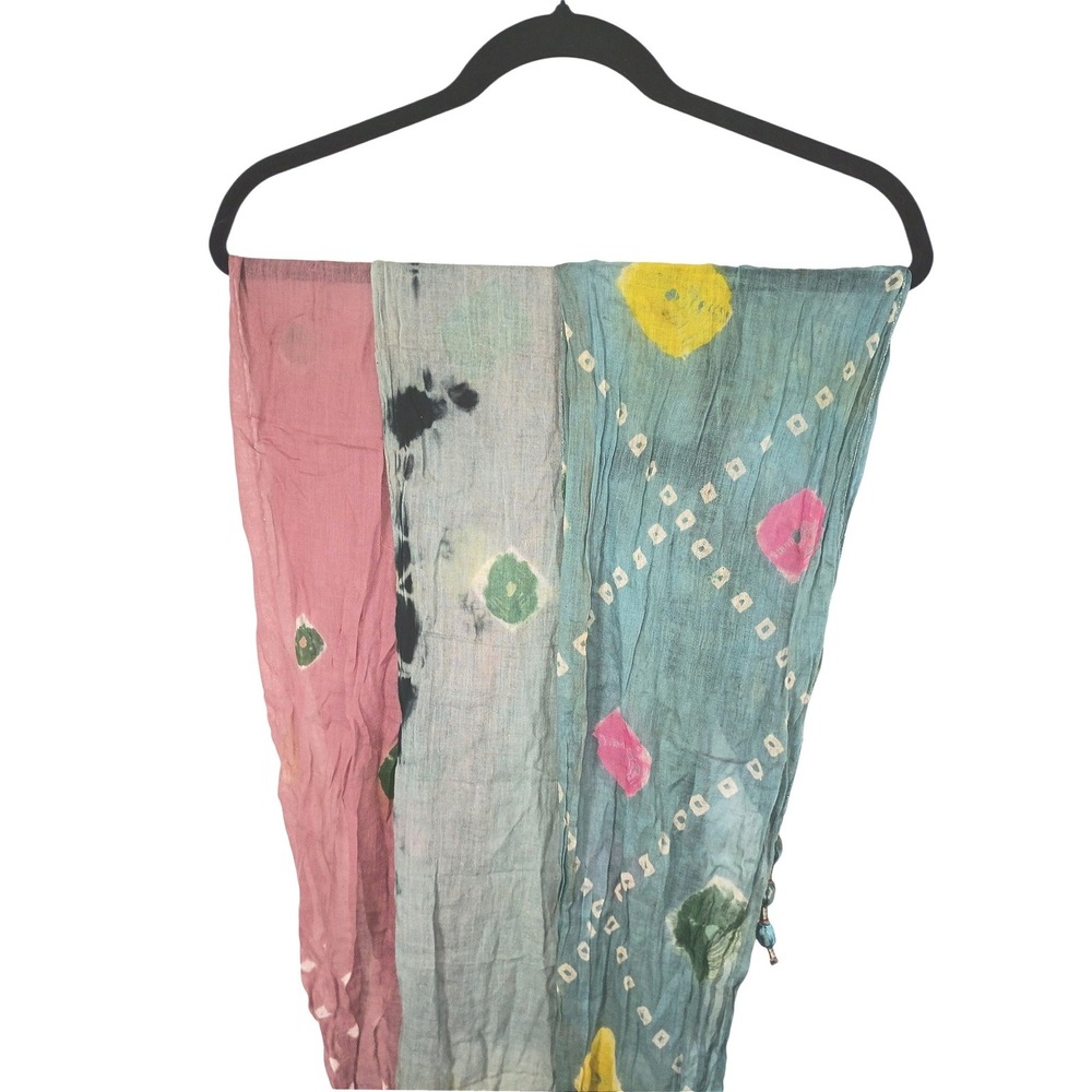 Vintage 3 Boho Bandhani Tie Dye Tassel Scarves Pink Teal Grey Lightweight Fringe - Picture 2 of 6